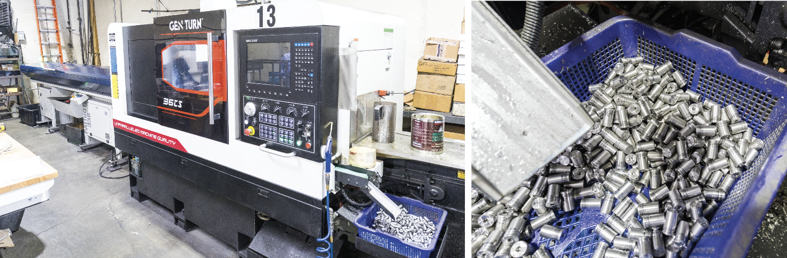 The GEN TURN 36CS was the first Swiss style machine at GME. It was purchased with a specific set of parts in mind. Here it is running unattended and churning out precision weights for Leo’s soon to market putter.